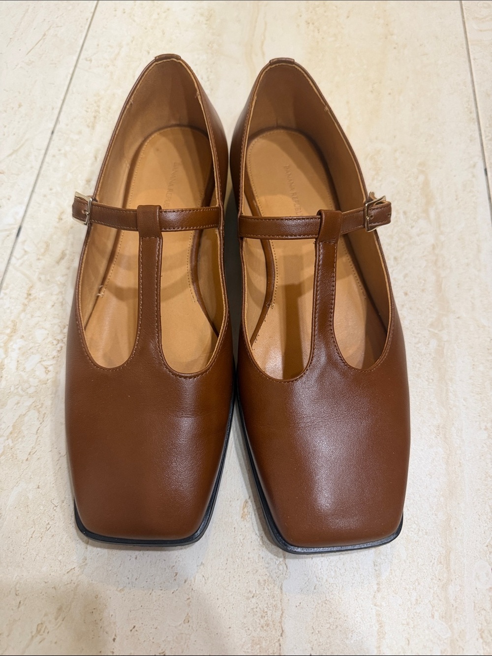 ITALIAN LEATHER SQUARE-TOE MARY JANE FLATS Cognac